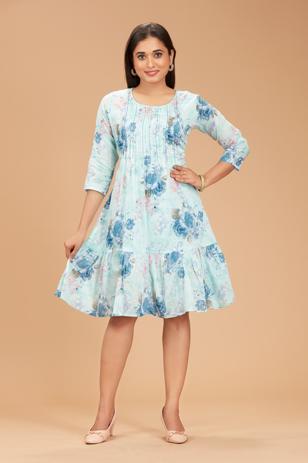 Blue Printed Flare Dress